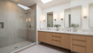 A bright, modern remodeled bathroom with a glass walk-in shower, double vanity, stone countertop, and warm natural light, with subtle clean space on one side to overlay your article title about “bathroom remodelers near me.”