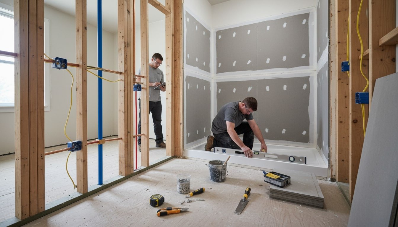 A partially remodeled bathroom showing exposed studs, new plumbing and electrical, installed shower pan, and cement board, with tools neatly arranged and remodelers working. Ideal for illustrating the “understanding the bathroom remodeling process” or contractor selection part.