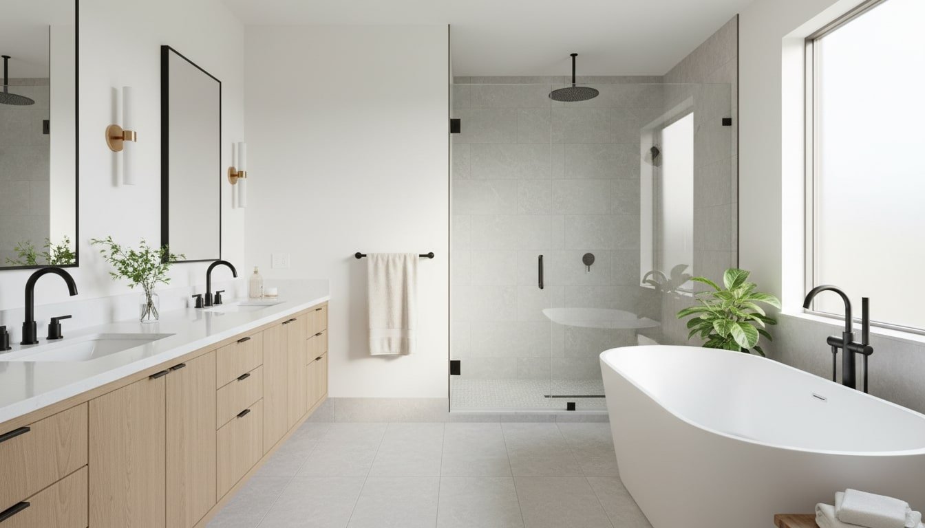 A serene, spa-style bathroom featuring a freestanding tub, walk-in glass shower, large wood vanity, soft towels, and greenery. Left side is cleaner for overlaying a call to action or headline about achieving a dream bathroom with local remodelers.