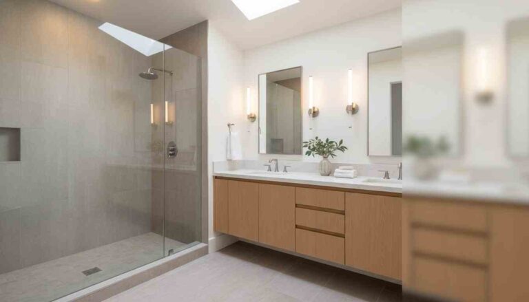 A bright, modern remodeled bathroom with a glass walk-in shower, double vanity, stone countertop, and warm natural light, with subtle clean space on one side to overlay your article title about “bathroom remodelers near me.”