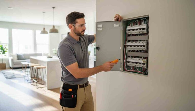 A professional electrician inspecting an open electrical panel in a bright, modern home interior for an article about electricians near me.