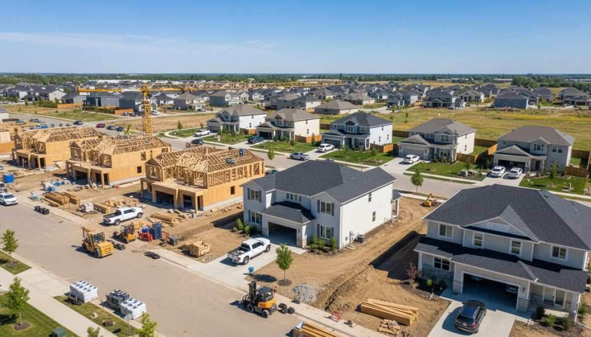 Mix of active construction sites and completed homes, showing a dynamic, expanding community.