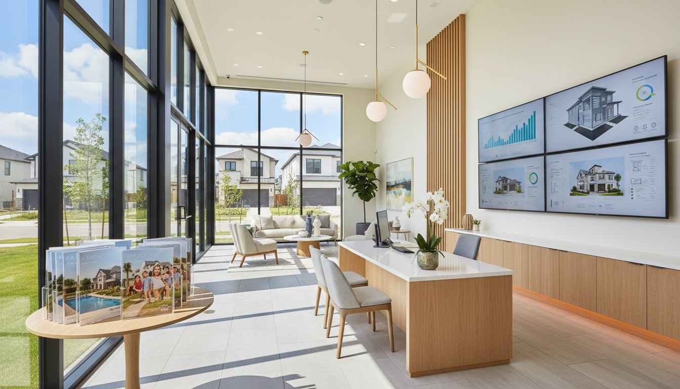 Stylish sales office with screens showing market data and plans, plus a view of model homes outside.