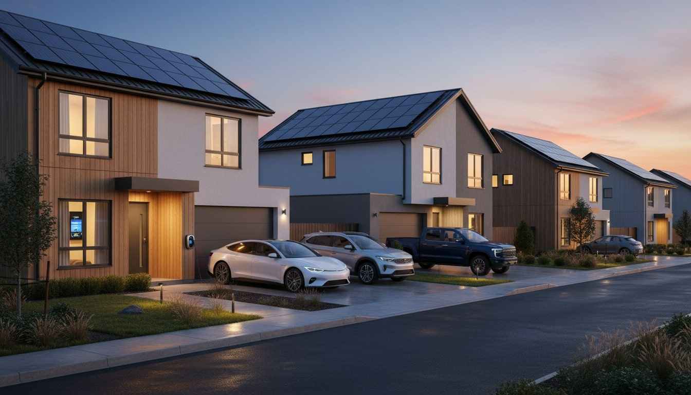 Row of modern homes with solar panels and EVs charging in driveways, highlighting evolving buyer preferences.