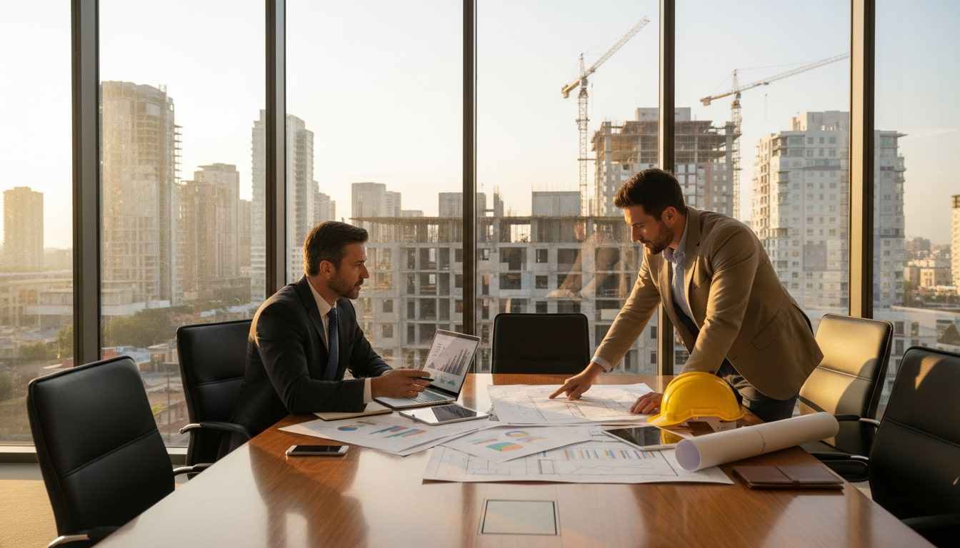 Professional conference room scene with charts, blueprints, and a skyline with visible new construction.