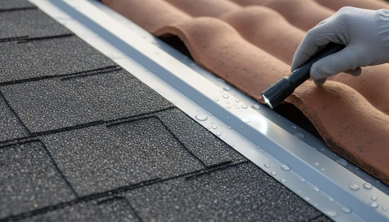 Photorealistic macro-to-medium editorial banner showing three roof surface materials in a clean diagonal composition: asphalt shingles with visible granules, standing-seam metal with raindrops beading on intact coating, and a clay or concrete tile edge. A gloved hand holds a small flashlight and a moisture meter or inspection tool near the surface to signal proactive maintenance.