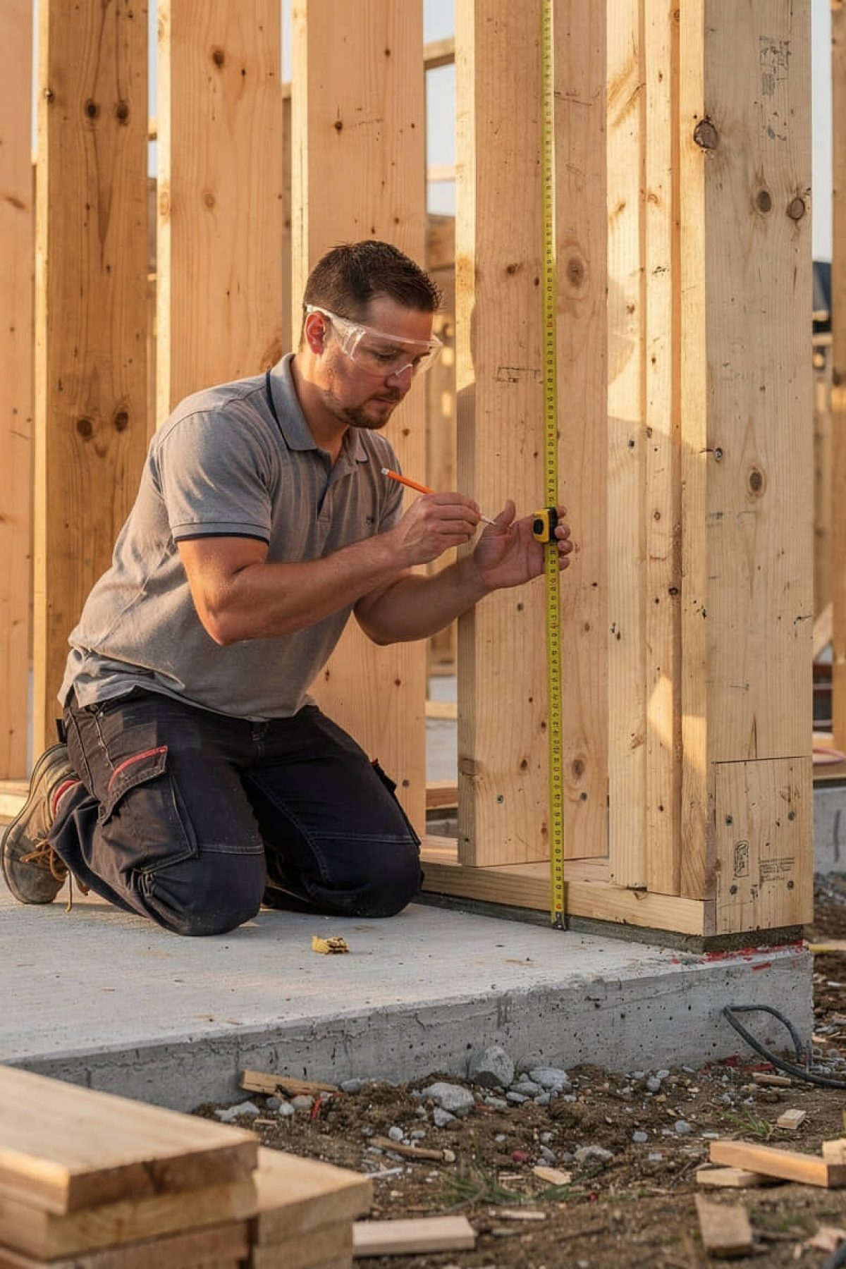 A tradesperson checking stud spacing.