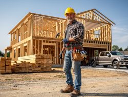An American owner-builder with his project in the background