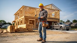 An American owner-builder with his project in the background