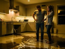 A couple looking at their flooded kitchen
