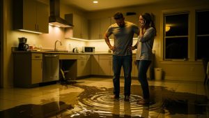 A couple looking at their flooded kitchen