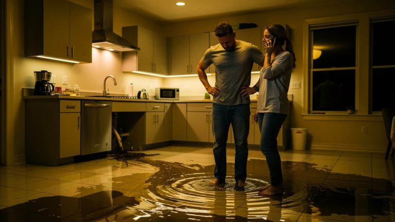 A couple looking at their flooded kitchen