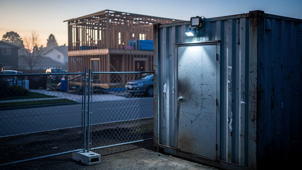 A secured container on a building site.