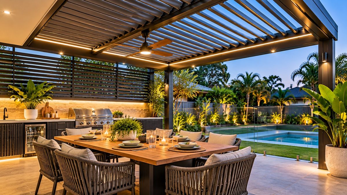 An outdoor dining area at sunset.