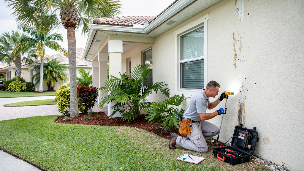 A pest inspector checking a damaged external wall.