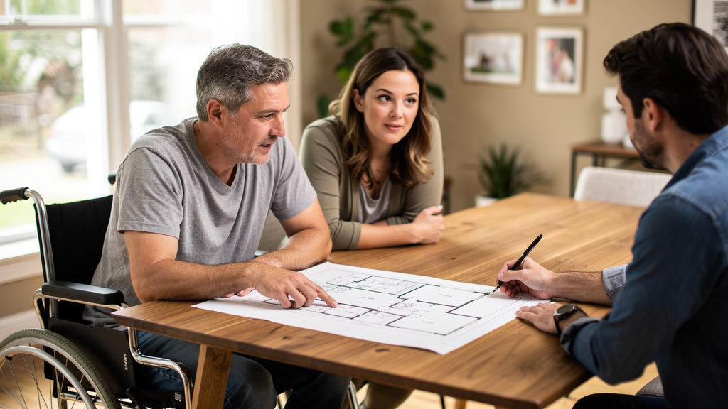an adult wheelchair user and their partner discussing home accessibility plans with a renovation professional