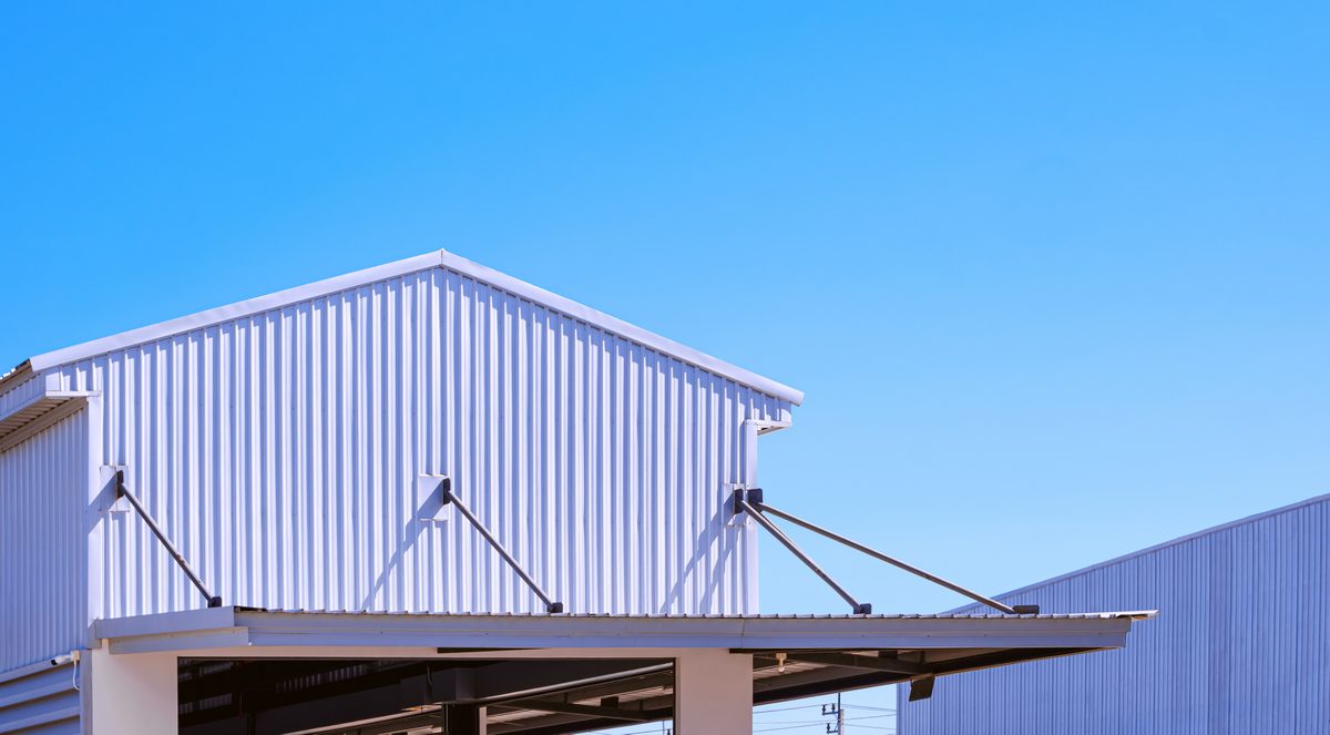 An steel-framed industrial building.